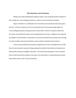 My Projections and Conclusions
Rising costs, skyrocketing debt, stagnant wages, and a weak job market combine to
form reality for recent college graduates, as well as current and future students.
Figure 10 below is a combination of several charts already discussed in this paper
thus far. It shows a history and 15-year projection for the average starting wages for
recent college graduates, average annual in-state tuition and fees at public and private
four-year non-profit universities, and average debt per borrower. All figures are adjusted
for inflation to 2015 dollars. Projections are based on the historical average rate of change
for each variable, and assume that these rates continue unabated into the future.
I have constructed these projections using historical rates of change because of the
lack of concrete policy measures being employed to address the problem of student loan
debt and the rising cost of higher education. Given this lack of progress, I have assumed
that current trends will continue in the short-run unless there is substantial government
intervention prior to the 15-year projection.
 