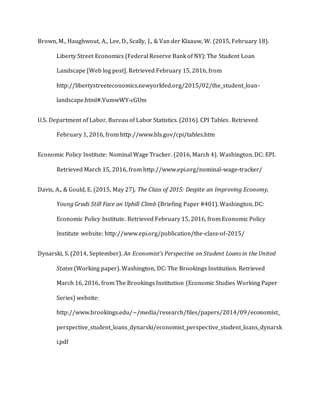 Brown, M., Haughwout, A., Lee, D., Scally, J., & Van der Klaauw, W. (2015, February 18).
Liberty Street Economics (Federal Reserve Bank of NY): The Student Loan
Landscape [Web log post]. Retrieved February 15, 2016, from
http://libertystreeteconomics.newyorkfed.org/2015/02/the_student_loan-
landscape.html#.VumwWY-cGUm
U.S. Department of Labor, Bureau of Labor Statistics. (2016). CPI Tables. Retrieved
February 1, 2016, from http://www.bls.gov/cpi/tables.htm
Economic Policy Institute: Nominal Wage Tracker. (2016, March 4). Washington, DC: EPI.
Retrieved March 15, 2016, from http://www.epi.org/nominal-wage-tracker/
Davis, A., & Gould, E. (2015, May 27). The Class of 2015: Despite an Improving Economy,
Young Grads Still Face an Uphill Climb (Briefing Paper #401). Washington, DC:
Economic Policy Institute. Retrieved February 15, 2016, from Economic Policy
Institute website: http://www.epi.org/publication/the-class-of-2015/
Dynarski, S. (2014, September). An Economist’s Perspective on Student Loans in the United
States (Working paper). Washington, DC: The Brookings Institution. Retrieved
March 16, 2016, from The Brookings Institution (Economic Studies Working Paper
Series) website:
http://www.brookings.edu/~/media/research/files/papers/2014/09/economist_
perspective_student_loans_dynarski/economist_perspective_student_loans_dynarsk
i.pdf
 
