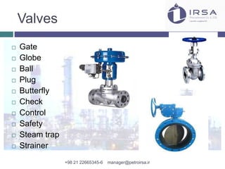 Valves
 Gate
 Globe
 Ball
 Plug
 Butterfly
 Check
 Control
 Safety
 Steam trap
 Strainer
+98 21 22665345-6 manager@petroirsa.ir
 