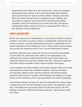 DIGITAL ANALYTICS: THE CULTURE OF INSIGHTS AND ACTIONS
10
appropriate KPIs. Often, #1 is the result of #2. If you see managers
being pulled into activity one or two levels below their position,
don’t just tell them to “get out of the weeds.” Instead, review the
KPIs into which the two levels of employees have visibility, and
how they are aligned. Unless these KPIs indicate performance
problems, each level should focus on their own KPIs. We discuss
stakeholders below, where we touch on cascading KPIs. This is a
key attribute of good alignment.
INFLUENCER
By the very nature of an organization, no one person achieves results in
isolation. The Actor’s success or failure is significantly impacted by the
actions of others. And the organizational success is dependent on the
proper alignment of the influencers’ focus. Those whose actions impact
our success are Influencers and in turn, we are Influencers to others.
Typically, Influencers are reciprocal, but are not directly accountable
to each other. To understand who within in an organization is an
Influencer, you have to understand the KPIs upon which others are
measured. When the Actor has visibility into this, it becomes apparent
who they need to consider as they seek to achieve their goals.
As an example, for online retailers, the Product Buyers (PB) who decide
what products will be sold, establish suppliers, and buy inventory
are typically judged on how well the products sell and the margin
produced (just to keep it simple). PPC Managers are judged, to a large
extent, on the efficiency of the sales generated from search marketing.
If the Product Buyers do their job well and anticipate the market shifts,
it makes the job of the PPC Manager much easier. The opposite is also
true. If the PB poorly anticipates styles for the next season, the PPC
Manager will have a difficult time being efficient… the demand simply
isn’t there.
 