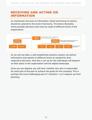 DIGITAL ANALYTICS: THE CULTURE OF INSIGHTS AND ACTIONS
24
RECEIVING AND ACTING ON
INFORMATION
As mentioned, the level of information, detail and timing of reports
should be catered to the level of decisions. The below illustrates
some possible decisions that may be made at different levels of the
organization.
Head of
Ecomm.
DisplaySocialHardware SEMDeveloper SEO
Director of
Digital Media
Director of
Consumer Exp.
Channel Tracking &
Optimization
Resources Allocation between Traffic Sources
Testing Budgets vs. Mainline Budgets
Resource Allocation to UX vs. Traffic Driving
As we will see later, a well-established analytics system can deliver
information and reports to different levels as needed for their
respective decisions. How this is set up for the individuals will depend
on their place in the organization and the digital landscape.
Once you are aligned, you will have visibility into who is responsible
for each part of the plan to achieve the goals for the company. This is
perhaps the most challenging part of “analytics”, as it requires up front
planning.
 