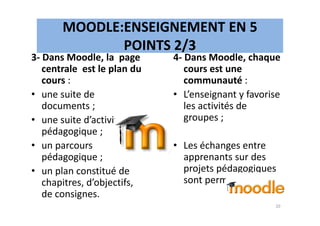 MOODLE:ENSEIGNEMENT EN 5
POINTS 2/3
3- Dans Moodle, la page
centrale est le plan du
cours :
• une suite de
documents ;
4- Dans Moodle, chaque
cours est une
communauté :
• L’enseignant y favorise
les activités de
groupes ;• une suite d’activités
pédagogique ;
• un parcours
pédagogique ;
• un plan constitué de
chapitres, d’objectifs,
de consignes.
groupes ;
• Les échanges entre
apprenants sur des
projets pédagogiques
sont permis.
20
 