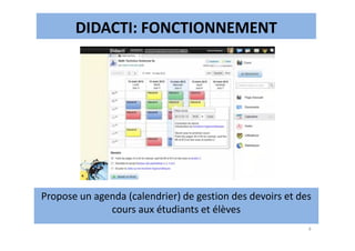 DIDACTI: FONCTIONNEMENT
9
Propose un agenda (calendrier) de gestion des devoirs et des
cours aux étudiants et élèves
 