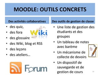 MOODLE: OUTILS CONCRETS
Des activités collaboratives
• des quiz,
• des fora
• des glossaires
• des Wiki, blog et RSS
• des leçons
• des ateliers…
Des outils de gestion de classe
• Une liste de gestion des
étudiants et des
groupes
• Un tableau de notes
avec barème
• Un mécanisme de
collecte de devoirs
• Un dispositif de
sauvegarde et de
gestion de cours 14
 
