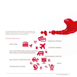 show your true colours 14
our clients can be found in:
You may find that after a few years with us, you are drawn more
towards a particular sector. If so, we’ll encourage you to develop
that flair to become one of our sector specialists.
agri-food
not-for-profit (including charities
and public sector organisations)
real estate & construction
financial services
aviation finance
professional services
retail
technology & media
 