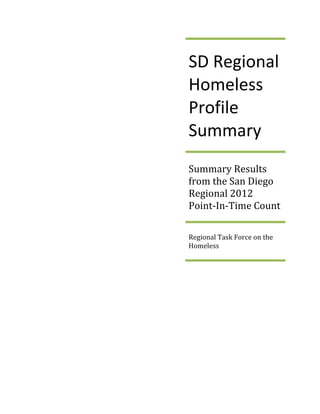  
	
  
	
  
	
  
	
  
SD	
  Regional	
  
Homeless	
  
Profile	
  
Summary	
  	
  
Summary	
  Results	
  
from	
  the	
  San	
  Diego	
  
Regional	
  2012	
  
Point-­‐In-­‐Time	
  Count	
  
Regional	
  Task	
  Force	
  on	
  the	
  
Homeless	
  
 