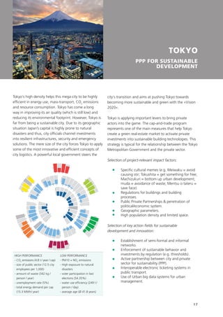 17
TOKYO
PPP FOR SUSTAINABLE
DEVELOPMENT
Tokyo‘s high density helps this mega city to be highly
efficient in energy use, mass-transport, CO2
emissions
and resource consumption. Tokyo has come a long
way in improving its air quality (which is still low) and
reducing its environmental footprint. However, Tokyo is
far from being a sustainable city. Due to its geographic
situation Japan’s capital is highly prone to natural
disasters and thus, city officials channel investments
into resilient infrastructures, security and emergency
solutions. The mere size of the city forces Tokyo to apply
some of the most innovative and efficient concepts of
city logistics. A powerful local government steers the
Incentives
RD
Tactics
Image
Regulation
Inform
ationEducation
BusinessTactics
Energy
ICT
W
ate
r
Transport
Buildings
R
esilie
nce
Engin
eering
O
rg
anization

structu
re
Strategyandplanning
1 2
3
4
5
6
78
9
10
11
12
13
14
15
1617
22
23
24
25
18
19
20
21
52
53
5455
48
49
50
51
45
46
47
41
42
43
44
38
39
40
34
3536
37
26
31
32
33
27
28
29
30
56
57
58
59
60 61 62
63
64
65
66
67
68
69
70
71
73
745776
78
79
80
81
82
83
72
77
UrbanPlanning
city‘s transition and aims at pushing Tokyo towards
becoming more sustainable and green with the »Vision
2020«.
Tokyo is applying important levers to bring private
actors into the game. The cap-and-trade program
represents one of the main measures that help Tokyo
create a green real-estate market to activate private
investments into sustainable building technologies. This
strategy is typical for the relationship between the Tokyo
Metropolitan Government and the private sector.
Selection of project-relevant impact factors:
	Specific cultural memes (e.g. Meiwaku = avoid
causing stir; Tokushita = get something for free;
Machizukuri = bottom up urban development;
muda = avoidance of waste; Mentsu o tateru =
save face).
	Regulations for buildings and building
processes.
	Public Private Partnerships  penetration of
political/economic system.
	Geographic parameters.
	High population density and limited space.
Selection of key action fields for sustainable
development and innovation:
	Establishment of semi-formal and informal
networks.
	Enforcement of sustainable behavior and
investments by regulation (e.g. thresholds).
	Active partnership between city and private
sector for sustainability (PPP).
	Interoperable electronic ticketing systems in
public transport.
	Use of Urban big data systems for urban
management.
HIGH PERFORMANCE
- CO2
emissions (4.8 t / year / cap)
- size of public sector (12.5 city
employees per 1,000)
- amount of waste (342 kg /
person / year)
- unemployment rate (5%)
- total energy demand per cap
(15.3 MWh/ year)
LOW PERFORMANCE
- PM10 + NO2
emissions
- High exposure to natural
disasters
- voter participation in last
elections (54.35%)
- water use efficiency (249 l /
person / day)
- average age (Ø 41.8 years)
 