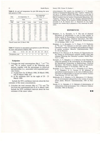 12 Health Physics
Table 8. Air and soil temperature for plot SM during the snow
melt period of 1988.
Air temperature, 'C
Soil temperature
(0-2 cm), 'C
■me ■me
March
1988 9:00 15:00 21:00 9,00 15,00 21:00
January 1996, Volume 70, Number 1
Acknowledgmenrs-This scenario was developed by A. V. Konoplev
(Institute of Experimental Meteorology, SPA "Typhoon," Obninsk, Rus-
sia) and F. O. Hoffman (SENES Oak Ridge, U.S.A.) on the basis of
experiments carried out in the 30-km zone of the Chernobyl Nuclear Power
Plant by scientists from the Institute of Experimental Meteorology, SPA
"Typhoon," Obninsk, Russia, and the Ukainian Hydrometeorological
Institute, Kiev, Ukraine. We are grateful to SENES Oak Ridge, Inc., and
personally to K. M. Thiessen and J. S. Hammonds for very helpful
comments and valuable help in preparation of this manuscript for publi-
cation.
REFERENCES
Bulgakov, A. A.; Konoplev, A. V. The role of chemical
speciations of radionuclides in soils in their transfer to
surface runoff. In: Proceedings of the Interxational Sympo-
sium on Radioecology, Chemical Speciation-Hot Parti-
cles. Znojmo: Society of Czechoslovak Radioecologists
12-16 October; 1992: 17 20.
Bulgakov. A. A.;_Konoplev, A. V.; Popov, V. E. Prediction
of '"Sr and "'Cs behavior in soil-water system after the
Chernobyl accident. In: Ecological and geophysical aspects
of nuclear accidents. Moscow: Gidrometeoizdat', 1992:
2l-42 (in Russian).
Hoffman, F. O.; Thiessen, K. M.;Watkins, B. Opportunities for
the testing of environmental transport models using data
obtained following the Chernobyl accident. Health Phys.
70:5-7; 1996.
Konoplev, A. V.; Bulgakov, A. A. Behavior of the Chernobyl-
origin hot particles in the environment. In: Proceedings of
the International Symposium on Radioecology, Chemical
Speciation-Hot Particles. Znojmo: Society of Czechoslo-
vak Radioecologists 12-16 October, 1992: 56-60.
Konoplev, A. V.; Viktorova, N. V.; Virchenko, E. P., Popov,
V. E.; Bulgakov, A. A.; Desmet, G. M. Influence of
agricultural countefineasures on the ratio of different chem-
ical forms ofradionuclides in soil and soil solution. Science
Total Environ. 137:147-162; 1993.
Makhonko, K. P.; Silantiev, A. N.; Shkuratova, L G. Monitor-
ing of environmental radioactivity in the vicinity of nuclear
power plants. Moscow: Gidrometeoizdat; 1985 (in Rus-
sian).
Sereda, G. A.; Shulepko, Z. S. Methods of determination of
radioactivity of the environment. Vol. 2. Moscow: Gidrom-
eteoizdat; 1966 (in Russian).
■ ■
Date
15
16
17
18
19
20
21
22
23
24
25a
-65
-36
37
2.3
-25
-25
-4.6
10
19
2.1
08
13
04
118
41
15
29
4.4
25
45
4.4
75
-1,7
05
1.0
-08
-20
-0.5
-05
03
11
16
2.5
-06 -37
3.9 -2.8
69 13
0.5 0.3
-14 -07
14 -10
-2.1 -2.2
14 0
28 11
39 1
46 0
a Rtlnoff ceased after 25 MIarch 1988.
Table 9.Variations in attnosphcdc prccipitaton at plot SM during
tllc s■ o■7 1nelt poビ lod of MIttch 1988.
Date 15■ 21 22 23 24 25 26 27 28-31
Precipitation, mm
Endpoints
1. Calculate the total concentrations (Bq L-i; of 137Cs
and eosr in surface runoff at the following time
periods, together with the percentages in dissolved
and particulate (i.e., associated with suspended parti-
cles) forms:
a) at peak flow for 18 March 1988,20 March 1988,
and24 March 1988; and
b) at the minimum flow on the night of 20 - 2I
March 1988.
Include Ihe 957o confidence intervals about the best
estimates of the mean concentrations.
2. Calculate the total amounts (Bq) of t3tcs and eosr
lost from the experimental plot as of 31 March 1988.
Include the 957o confidence intervals about the best
estimates of the mean values.
 