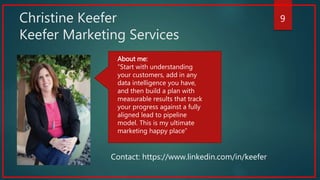 Christine Keefer
Keefer Marketing Services
9
About me:
“Start with understanding
your customers, add in any
data intelligence you have,
and then build a plan with
measurable results that track
your progress against a fully
aligned lead to pipeline
model. This is my ultimate
marketing happy place”
Contact: https://www.linkedin.com/in/keefer
 