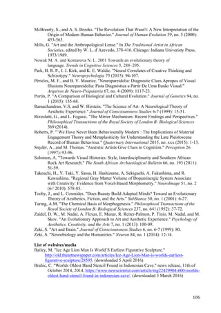 106	
McBrearty, S., and A. S. Brooks. "The Revolution That Wasn't: A New Interpretation of the
Origin of Modern Human Behavior." Journal of Human Evolution 39, no. 5 (2000):
453-563.
Mills, G. "Art and the Anthropological Lense." In The Traditional Artist in African
Societies, edited by W. L. d´Azevedo, 378-416. Chicago: Indiana Univeristy Press,
1973/1989.
Nowak M. A. and Komarova N. L. 2001 Towards an evolutionary theory of
language. Trends in Cognitive Sciences 5, 288–295.
Park, H. R. P., I. J. Kirk, and K. E. Waldie. "Neural Correlates of Creative Thinking and
Schizotypy." Neuropsychologia 73 (2015): 94-107.
Péricles, M. F., and B. V. Maurice. "Neuropareidolia: Diagnostic Clues Apropos of Visual
Illusions Neuropareidolia: Pista Diagnóstica a Partir De Uma Ilusão Visual."
Arquivos de Neuro-Psiquiatria 67, no. 4 (2009): 1117-23.
Portin, P. "A Comparison of Biological and Cultural Evolution." Journal of Genetics 94, no.
1 (2015): 155-68.
Ramachandran, V.S, and W. Hirstein. "The Science of Art: A Neurological Theory of
Aesthetic Experience." Journal of Consciounsness Studies 6-7 (1999): 15-51.
Rizzolatti, G., and L. Fogassi. "The Mirror Mechanism: Recent Findings and Perspectives."
Philosophical Transactions of the Royal Society of London B: Biological Sciences
369 (2014).
Roberts, P. "´We Have Never Been Behaviourally Modern`: The Implications of Material
Engagement Theory and Metaplasiticity for Understanding the Late Pleistoscene
Record of Human Behaviour." Quaternary International 2015, no. xxx (2015): 1-13.
Snyder, A., and M. Thomas. "Austistic Artists Give Clues to Cognition." Perception 26
(1997): 93-96.
Solomon, A. "Towards Visual Histories: Style, Interdisciplinarity and Southern African
Rock Art Research." The South African Archaeological Bulletin 66, no. 193 (2011):
51-59.
Takeuchi, H., Y. Taki, Y. Sassa, H. Hashizume, A. Sekiguchi, A. Fukushima, and R.
Kawashima. "Regional Gray Matter Volume of Dopaminergic System Associate
with Creativity: Evidence from Voxel-Based Morphometry." NeuroImage 51, no. 2
(6// 2010): 578-85.
Tooby, J., and L. Cosmides. "Does Beauty Build Adapted Minds? Toward an Evolutionary
Theory of Aesthetics, Fiction, and the Arts." SubStance 30, no. 1 (2001): 6-27.
Turing, A.M. "The Chemical Basis of Morphogenesis." Philosophical Transactions of the
Royal Society of London B: Biological Sciences 237, no. 641 (1952): 37-72.
Zaidel, D. W., M. Nadal, A. Flexas, E. Munar, R. Reiter-Palmon, P. Tinio, M. Nadal, and M.
Skov. "An Evolutionary Approach to Art and Aesthetic Experience." Psychology of
Aesthetics, Creativity, and the Arts 7, no. 1 (2013): 100-09.
Zeki, S. "Art and Brain." Journal of Consciounsness Studies 6, no. 6-7 (1999): 80.
Zeki, S. "Neurobiology and the Humanities." Neuron 84, no. 1 (2014): 12-14.
List of websites/media
Bailey, M. "Ice Age Lion Man Is World´S Earliest Figurative Sculpture."
http://old.theartnewspaper.com/articles/Ice-Age-Lion-Man-is-worlds-earliest-
figurative-sculpture/28595. (downloaded 5 April 2016)
Brahic, C. "Worlds Oldest Hand Stencil Found in Indonesian Cave." news release, 11th of
October 2014, 2014, https://www.newscientist.com/article/mg22429904-600-worlds-
oldest-hand-stencil-found-in-indonesian-cave/. (downloaded 3 March 2016)
 