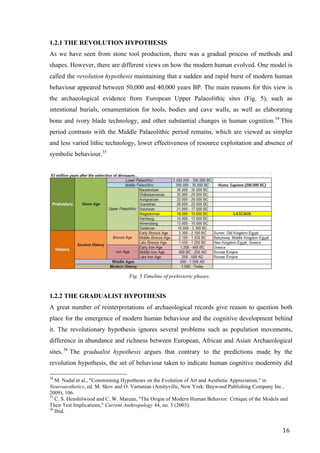16	
1.2.1 THE REVOLUTION HYPOTHESIS
As we have seen from stone tool production, there was a gradual process of methods and
shapes. However, there are different views on how the modern human evolved. One model is
called the revolution hypothesis maintaining that a sudden and rapid burst of modern human
behaviour appeared between 50,000 and 40,000 years BP. The main reasons for this view is
the archaeological evidence from European Upper Palaeolithic sites (Fig. 5), such as
intentional burials, ornamentation for tools, bodies and cave walls, as well as elaborating
bone and ivory blade technology, and other substantial changes in human cognition.34
This
period contrasts with the Middle Palaeolithic period remains, which are viewed as simpler
and less varied lithic technology, lower effectiveness of resource exploitation and absence of
symbolic behaviour.35
	
Fig. 5 Timeline of prehistoric phases.
	
1.2.2 THE GRADUALIST HYPOTHESIS
A great number of reinterpretations of archaeological records give reason to question both
place for the emergence of modern human behaviour and the cognitive development behind
it. The revolutionary hypothesis ignores several problems such as population movements,
difference in abundance and richness between European, African and Asian Archaeological
sites.36
The gradualist hypothesis argues that contrary to the predictions made by the
revolution hypothesis, the set of behaviour taken to indicate human cognitive modernity did
																																																								
34
M. Nadal et al., "Constraining Hypotheses on the Evolution of Art and Aesthetic Appreciation," in
Neuroaesthetics, ed. M. Skov and O. Vartanian (Amityville, New York: Baywood Publishing Company Inc.,
2009), 106.
35
C. S. Henshilwood and C. W. Marean, "The Origin of Modern Human Behavior: Critique of the Models and
Their Test Implications," Current Anthropology 44, no. 5 (2003).
36
Ibid.	
 