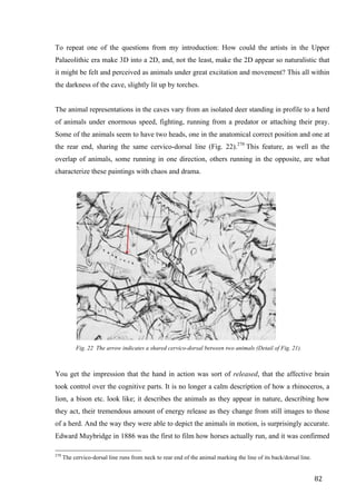 82	
To repeat one of the questions from my introduction: How could the artists in the Upper
Palaeolithic era make 3D into a 2D, and, not the least, make the 2D appear so naturalistic that
it might be felt and perceived as animals under great excitation and movement? This all within
the darkness of the cave, slightly lit up by torches.
The animal representations in the caves vary from an isolated deer standing in profile to a herd
of animals under enormous speed, fighting, running from a predator or attaching their pray.
Some of the animals seem to have two heads, one in the anatomical correct position and one at
the rear end, sharing the same cervico-dorsal line (Fig. 22).270
This feature, as well as the
overlap of animals, some running in one direction, others running in the opposite, are what
characterize these paintings with chaos and drama.
	
Fig. 22 The arrow indicates a shared cervico-dorsal between two animals (Detail of Fig. 21).
You get the impression that the hand in action was sort of released, that the affective brain
took control over the cognitive parts. It is no longer a calm description of how a rhinoceros, a
lion, a bison etc. look like; it describes the animals as they appear in nature, describing how
they act, their tremendous amount of energy release as they change from still images to those
of a herd. And the way they were able to depict the animals in motion, is surprisingly accurate.
Edward Muybridge in 1886 was the first to film how horses actually run, and it was confirmed
																																																								
270
The cervico-dorsal line runs from neck to rear end of the animal marking the line of its back/dorsal line.
 