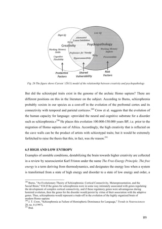89	
	
Fig. 26 The figure shows Carson’ (2011) model of the relationship between creativity and psychopathology
	
But did the schizotypal traits exist in the genome of the archaic Homo sapiens? There are
different positions on this in the literature on the subject. According to Burns, schizophrenia
probably «exists in our species as a cost-off in the evolution of the prefrontal cortex and its
connectivity with temporal and parietal cortices».289
Crow et al. suggests that the evolution of
the human capacity for language: «provided the neural and cognitive substrate for a disorder
such as schizophrenia.»290
He places this evolution 100.000-150.000 years BP, i.e. prior to the
migration of Homo sapiens out of Africa. Accordingly, the high creativity that is reflected on
the cave walls can be the product of artists with schizotypal traits; but it would be extremely
farfetched to raise the thesis that this, in fact, was the reason.291
6.5 HIGH AND LOW ENTROPY
Examples of unstable conditions, destabilizing the brain towards higher creativity are collected
in a review by neuroscientist Karl Friston under the name The Free-Energy Principle. The free
energy is a term deriving from thermodynamics, and designates the energy loss when a system
is transformed from a state of high energy and disorder to a state of low energy and order, a
																																																								
289
Burns, "An Evolutionary Theory of Schizophrenia: Cortical Connectivity, Metarepresentation, and the
Social Brain," 834.If the genes for schizophrenia were in some way intimately associated with genes regulating
the development of complex cortical connectivity, and if these regulatory genes were advantageous during
hominid evolution, then the genes for the disorder would persist by virtue of their association with the adaptive
genes. Thus, schizophrenia would represent a trade-off in the evolution of the highly organized brain of
modern Homo sapiens
290
J. T. Crow, "Schizophrenia as Failure of Hemispheric Dominance for Language," Trends in Neurosciences
20, no. 8 (1997).
291
Ibid.	
 