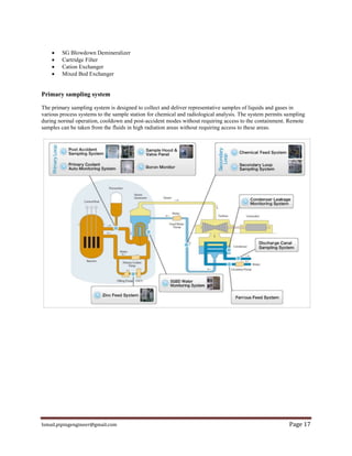Ismail.pipingengineer@gmail.com Page 17
 SG Blowdown Demineralizer
 Cartridge Filter
 Cation Exchanger
 Mixed Bed Exchanger
Primary sampling system
The primary sampling system is designed to collect and deliver representative samples of liquids and gases in
various process systems to the sample station for chemical and radiological analysis. The system permits sampling
during normal operation, cooldown and post-accident modes without requiring access to the containment. Remote
samples can be taken from the fluids in high radiation areas without requiring access to these areas.
 