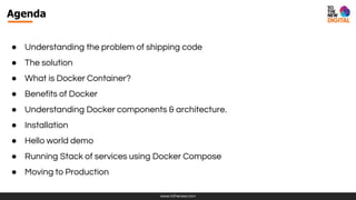 www.tothenew.com
Agenda
● Understanding the problem of shipping code
● The solution
● What is Docker Container?
● Benefits of Docker
● Understanding Docker components & architecture.
● Installation
● Hello world demo
● Running Stack of services using Docker Compose
● Moving to Production
 
