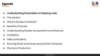 www.tothenew.com
Agenda
● Understanding the problem of shipping code
● The solution
● What is Docker Container?
● Benefits of Docker
● Understanding Docker components & architecture.
● Installation
● Hello world demo
● Running Stack of services using Docker Compose
● Moving to Production
 