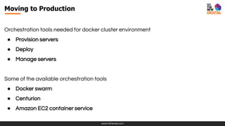 www.tothenew.com
Orchestration tools needed for docker cluster environment
● Provision servers
● Deploy
● Manage servers
Some of the available orchestration tools
● Docker swarm
● Centurion
● Amazon EC2 container service
Moving to Production
 
