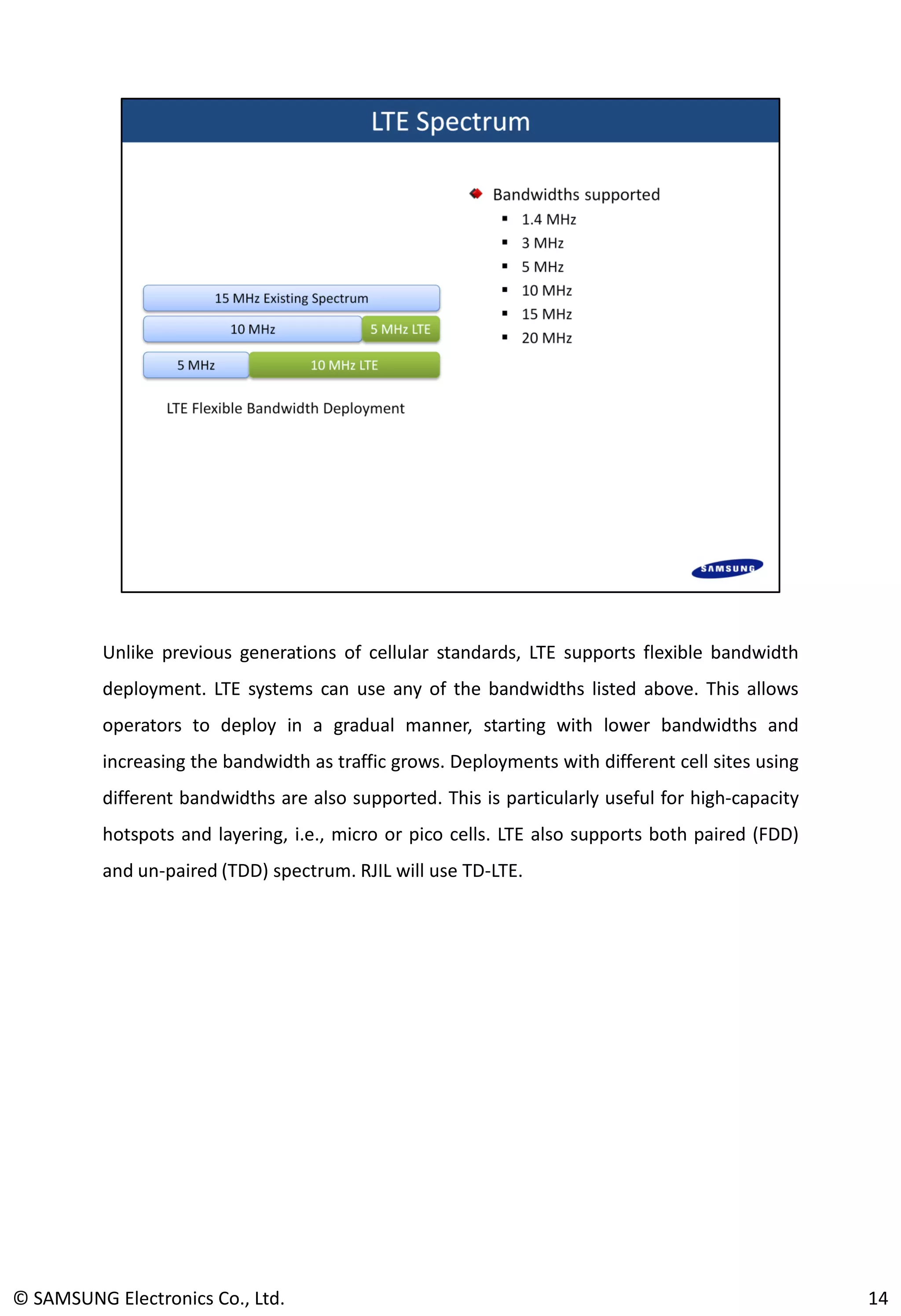 Unlike previous generations of cellular standards, LTE supports flexible bandwidth
deployment. LTE systems can use any of the bandwidths listed above. This allows
operators to deploy in a gradual manner, starting with lower bandwidths and
increasing the bandwidth as traffic grows. Deployments with different cell sites using
different bandwidths are also supported. This is particularly useful for high-capacity
hotspots and layering, i.e., micro or pico cells. LTE also supports both paired (FDD)
and un-paired (TDD) spectrum. RJIL will use TD-LTE.
14© SAMSUNG Electronics Co., Ltd.
 