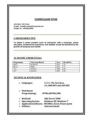 CURRICULAM VITAE
ANCHAL MUNJAL
E-mail: anamika.munjal36@gmail.com
Mobile No : 09468463580
CAREER OBJECTIVE
To obtain a career position such as technician with a computer, where
education, professional experience and abilities would be beneficial to the
growth of company and myself.
ACADAMIC CREDENTIALS
Programmer University/Board Year Result(%)
MCA DCRUST 2015 76
BCA MDU 2012 71
12th H.B.S.E 2009 60
10th H.B.S.E 2007 68
TECHNICAL KNOWLEDGE
 Languages: C, C++, Vb, Core Java,
C#,ADO.NET and ASP.NET
 Web Based
Programming : HTML,DHTML,XML
 Backend: SQL Server 2008
 Operating System: Windows XP,Windows 7
 Application Software: MS Office, Excel, Power point
 Utilities: Internet,Email.
 
