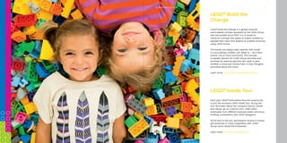 Did you know that LEGO®
bricks produced
since 1958 are fully compatible with LEGO
bricks produced today?
20COMPANy TIMELINE
Did you know that the LEGO Group signed
the United Nations Global Compact in 2003
as the first company in the toy industry?
We are committed to embrace, support
and enact United Nations’ directions
within the areas of human
rights, labour standards,
the environment and
anti-corruption.
BuILdInG A BETTEr TOMOrrOW 24
Did you know that your brain is making use
of the most critical skills for learning when
playing with LEGO®
bricks? Even when you build
and rebuild with just a few bricks you stimulate
more than 20 skills, supporting competences
such as problem-solving, creativity, empathy,
communication and collaboration.
30LEGO®
COMMUNITIES 33
LEGO®
Inside Tour
LEGO®
Build the Change is a global nonprofit
event-based concept operated by the LEGO Group
that has existed since 2007. It is a hands-on
minds-on concept that seeks to inspire children to
express their vision and dreams of a better tomorrow
using LEGO bricks.
The events are always topic specific with outset
in surroundings children can relate to – be it their
school, city or local community. The concept
is equally relevant for LEGO Group activities and
activities by external partners who seek to give
children a voice and involve them in their thoughts
and plans about the future.
Learn more: www.LEGO.com/BuildtheChange
LEGO®
Build the
Change
Each year LEGO®
enthusiasts have the opportunity
to join the exclusive LEGO Inside Tour. During the
tour, fans learn about the company history, culture
and values; go on a factory tour; meet LEGO
employees from different business areas; and enjoy
building competitions with LEGO designers.
At the end of the tour, participants receive a unique
gift produced in close cooperation with LEGO
Group owner Kjeld Kirk Kristiansen.
Learn more: www.LEGO.com/aboutus
ExPERIENCE LEGO®
PLAy
 