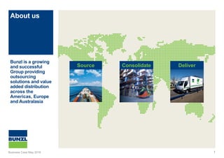 About us
Bunzl is a growing
and successful
Group providing
outsourcing
solutions and value
added distribution
across the
Americas, Europe
and Australasia
Business Case May 2016 1
Source Consolidate Deliver
 