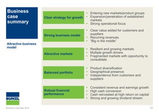 Business
case
summary
22
Clear strategy for growth
 Entering new markets/product groups
 Expansion/penetration of established
markets
 Strong operational focus
Attractive business
model
Strong business model
 Clear value added for customers and
suppliers
 Recurring revenues
 “Big in the middle”
Attractive markets
 Resilient and growing markets
 Multiple growth drivers
 Fragmented markets with opportunity to
consolidate
Balanced portfolio
 Product diversification
 Geographical presence
 Independence from customers and
suppliers
Robust financial
performance
 Consistent revenue and earnings growth
 High cash conversion
 Cash reinvested at high return on capital
 Strong and growing dividend stream
Business Case May 2016
 