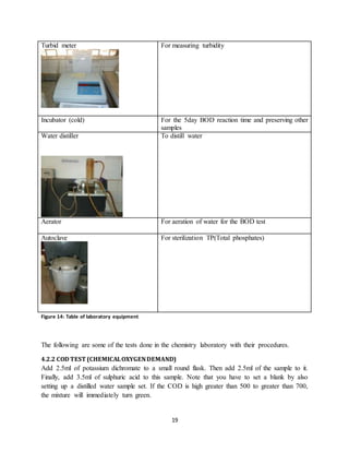 19
Turbid meter For measuring turbidity
Incubator (cold) For the 5day BOD reaction time and preserving other
samples
Water distiller To distill water
Aerator For aeration of water for the BOD test
Autoclave For sterilization TP(Total phosphates)
Figure 14: Table of laboratory equipment
The following are some of the tests done in the chemistry laboratory with their procedures.
4.2.2 COD TEST (CHEMICALOXYGENDEMAND)
Add 2.5ml of potassium dichromate to a small round flask. Then add 2.5ml of the sample to it.
Finally, add 3.5ml of sulphuric acid to this sample. Note that you have to set a blank by also
setting up a distilled water sample set. If the COD is high greater than 500 to greater than 700,
the mixture will immediately turn green.
 