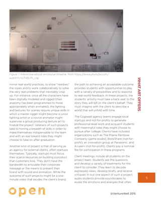 5
WHATARTOFFERS
@VentureWell 2015
mirror real world practices, to show “newbies”
the ropes and to work collaboratively to solve
the very real problems that inevitably crop
up. For instance, once all the characters have
been digitally modeled and rigged (their
anatomy has been programmed to move
appropriately when animated), the lighting
and textures for scenes require unique skills in
which a master rigger might become a junior
lighting artist or a novice animator might
supervise a group producing texture art to
finalize the project. Veterans of such projects
take to honing a breadth of skills in order to
make themselves indispensable to the team
and with an eye toward roles they might
choose to take on after graduation.
Another kind of project is that of serving as
an agency for external clients, often startups
themselves. Typically, startups must focus
their scarce resources on building a product
that customers love. They don’t have the
bandwidth to articulate their corporate
message or the means to present their
brand with sound and animation. While the
outcome of such projects might be a one-
minute video that exudes the client’s brand,
the path to achieving an acceptable outcome
provides students with opportunities to play
with a variety of possibilities and to respond
to real-world feedback. In these projects, the
students’ artistry must take a back seat to the
story they will tell on the client’s behalf. They
must imagine with the client to describe a
world that will unfold with time.
The Cogswell agency teams engage local
startups and not-for-profits to generate
professional-level work and acquaint students
with meaningful roles they might choose to
pursue after college. Clients have included
organizations such as The Prairie Rainbow
Company (game studio), BookShare (not-for-
profit), an innovation group at Panasonic, and
A-Learn (not-for-profit). Clients pay a nominal
fee for participation in these programs.
Client meetings include all students on the
project team. Students ask the questions
and develop a variety of treatments for the
client to consider. They learn to decode
expressed views, develop briefs, and receive
critiques. In but one aspect of such a project,
audio students provide soundscapes to
evoke the emotions and energies that often
Figure 1. Interactive ebook emotional timeline, from https://www.youtube.com/
watch?v=UTv8U7n_cIg
 