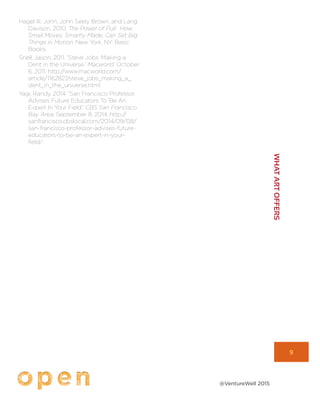 9
WHATARTOFFERS
@VentureWell 2015
Hagel III, John, John Seely Brown, and Lang
Davison. 2010. The Power of Pull: How
Small Moves, Smartly Made, Can Set Big
Things in Motion. New York, NY: Basic
Books.
Snell, Jason. 2011. “Steve Jobs: Making a
Dent in the Universe.” Macworld. October
6, 2011. http://www.macworld.com/
article/1162827/steve_jobs_making_a_
dent_in_the_universe.html.
Yagi, Randy. 2014. “San Francisco Professor
Advises Future Educators To ‘Be An
Expert In Your Field.” CBS San Francisco
Bay Area. September 8, 2014. http://
sanfrancisco.cbslocal.com/2014/09/08/
san-francisco-professor-advises-future-
educators-to-be-an-expert-in-your-
field/.
 