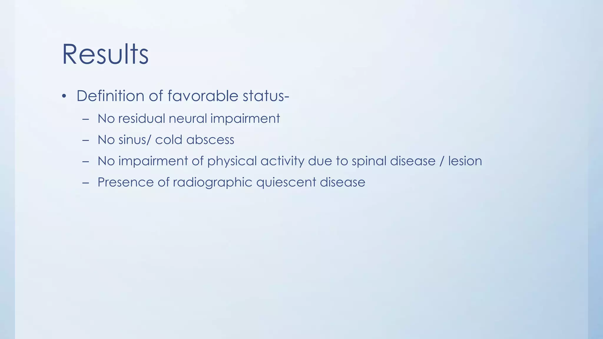 Results
• Definition of favorable status-
– No residual neural impairment
– No sinus/ cold abscess
– No impairment of physical activity due to spinal disease / lesion
– Presence of radiographic quiescent disease
 