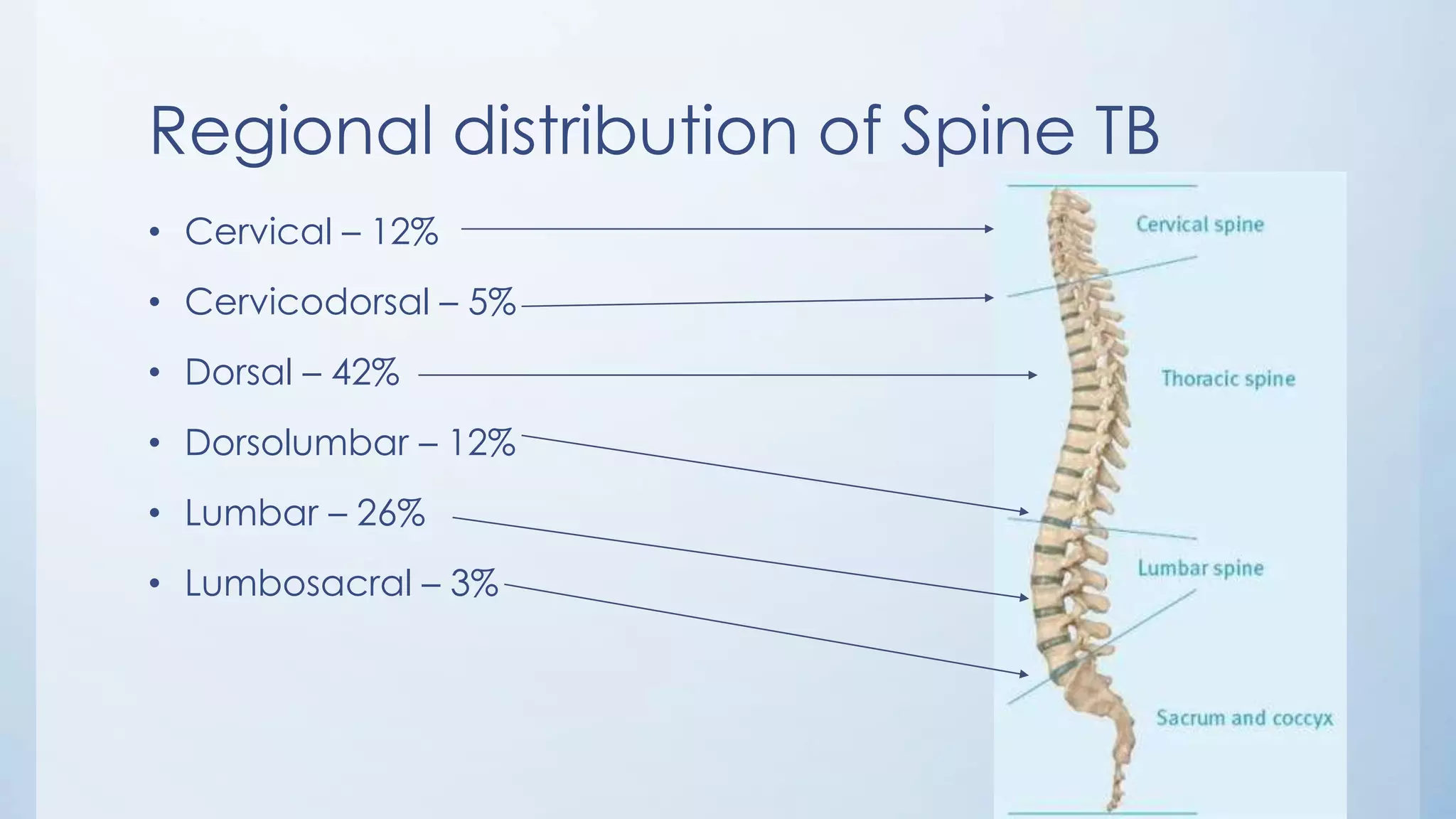 Regional distribution of Spine TB
• Cervical – 12%
• Cervicodorsal – 5%
• Dorsal – 42%
• Dorsolumbar – 12%
• Lumbar – 26%
• Lumbosacral – 3%
 
