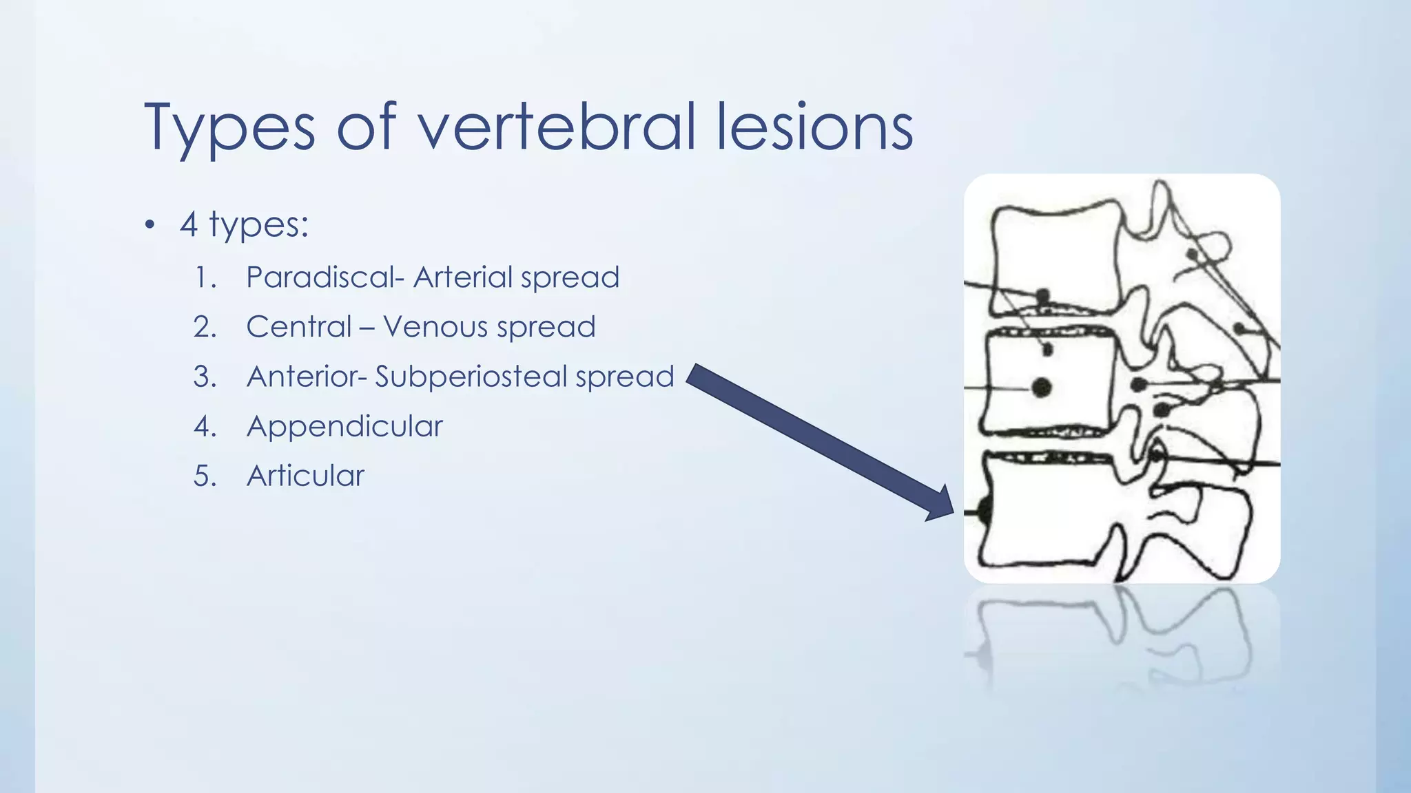 Types of vertebral lesions
• 4 types:
1. Paradiscal- Arterial spread
2. Central – Venous spread
3. Anterior- Subperiosteal spread
4. Appendicular
5. Articular
 