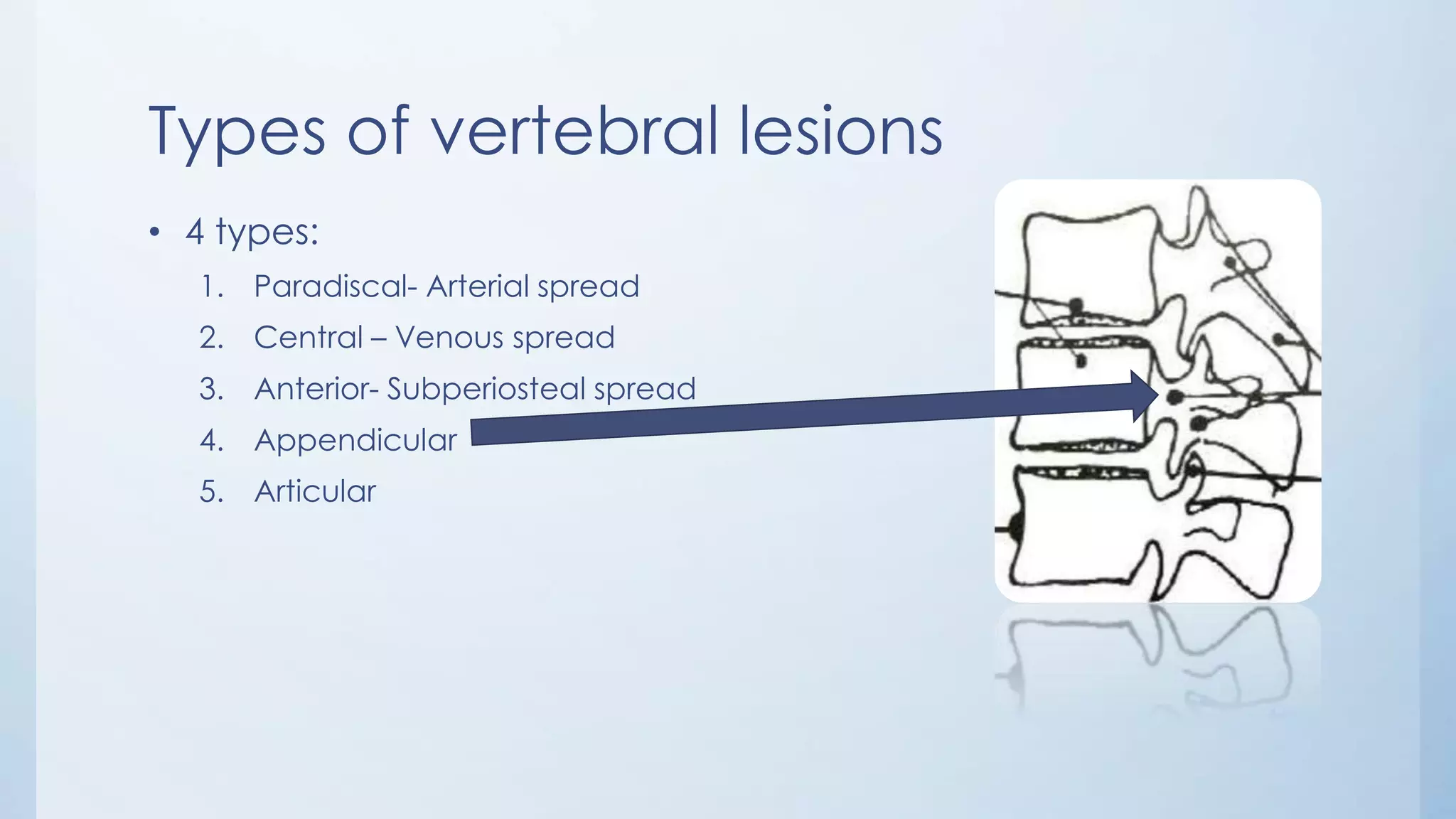 Types of vertebral lesions
• 4 types:
1. Paradiscal- Arterial spread
2. Central – Venous spread
3. Anterior- Subperiosteal spread
4. Appendicular
5. Articular
 