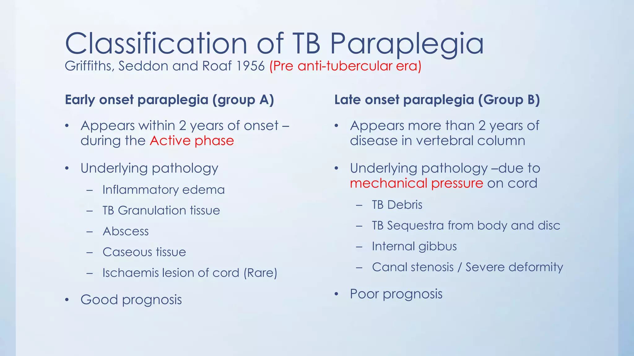 Classification of TB Paraplegia
Griffiths, Seddon and Roaf 1956 (Pre anti-tubercular era)
Early onset paraplegia (group A)
• Appears within 2 years of onset –
during the Active phase
• Underlying pathology
– Inflammatory edema
– TB Granulation tissue
– Abscess
– Caseous tissue
– Ischaemis lesion of cord (Rare)
• Good prognosis
Late onset paraplegia (Group B)
• Appears more than 2 years of
disease in vertebral column
• Underlying pathology –due to
mechanical pressure on cord
– TB Debris
– TB Sequestra from body and disc
– Internal gibbus
– Canal stenosis / Severe deformity
• Poor prognosis
 