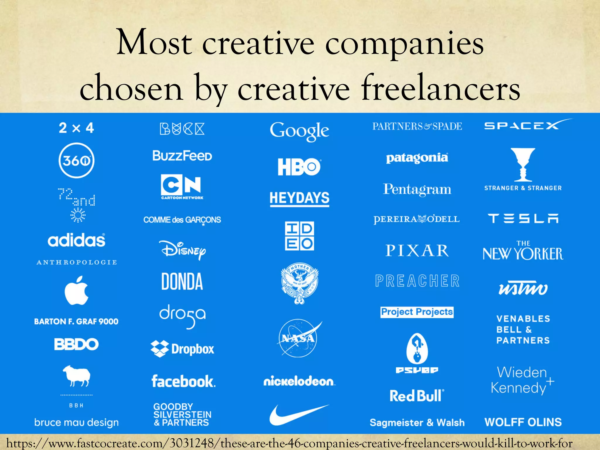 Most creative companies
chosen by creative freelancers
https://www.fastcocreate.com/3031248/these-are-the-46-companies-creative-freelancers-would-kill-to-work-for
 