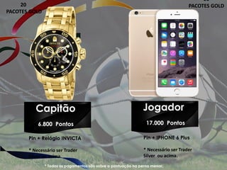 Pin + Relógio INVICTA
* Necessário ser Trader
Silver ou acima.
Pin + IPHONE 6 Plus
* Necessário ser Trader
Silver ou acima.
* Todos os pagamentos são sobre a pontuação na perna menor.
50
PACOTES GOLD
Capitão Jogador
17.000 Pontos6.800 Pontos
20
PACOTES GOLD
 