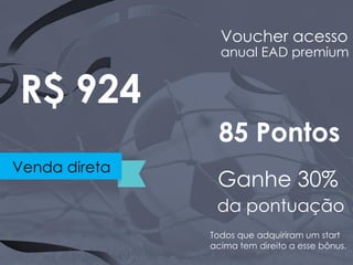 Venda direta
Voucher acesso
anual EAD premium
R$ 924
85 Pontos
Ganhe 30%
da pontuação
Todos que adquiriram um start
acima tem direito a esse bônus.
 
