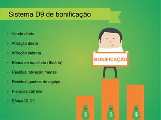 Sistema D9 de bonificação
• Venda direta
• Afiliação direta
• Afiliação indireta
• Bônus de equilíbrio (Binário)
• Residual ativação mensal
• Residual ganhos de equipe
• Plano de carreira
• Bônus DLD9
 