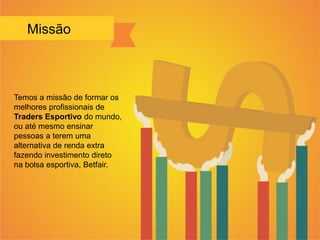 Missão
Temos a missão de formar os
melhores profissionais de
Traders Esportivo do mundo,
ou até mesmo ensinar
pessoas a terem uma
alternativa de renda extra
fazendo investimento direto
na bolsa esportiva, Betfair.
 