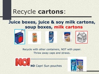 Recycle cartons:
Juice boxes, juice & soy milk cartons,
       soup boxes, milk cartons




      Recycle with other containers, NOT with paper.
              Throw away caps and straws.
    ___________________________

           NO Capri Sun pouches
 