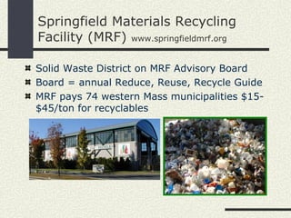 Springfield Materials Recycling
Facility (MRF) www.springfieldmrf.org

Solid Waste District on MRF Advisory Board
Board = annual Reduce, Reuse, Recycle Guide
MRF pays 74 western Mass municipalities $15-
$45/ton for recyclables
 