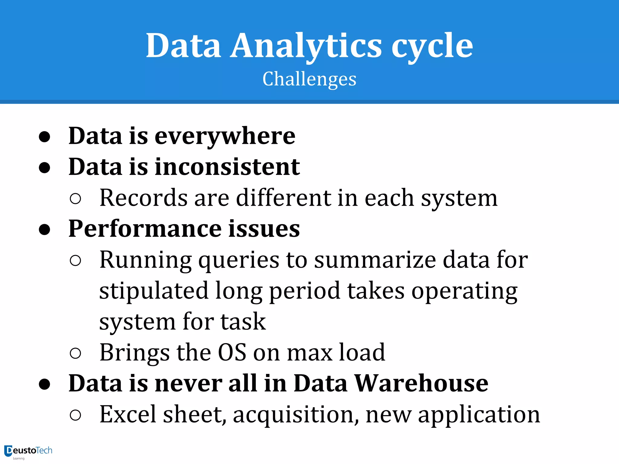 Data Analytics cycle
Challenges
● Data is everywhere
● Data is inconsistent
○ Records are different in each system
● Performance issues
○ Running queries to summarize data for
stipulated long period takes operating
system for task
○ Brings the OS on max load
● Data is never all in Data Warehouse
○ Excel sheet, acquisition, new application
 