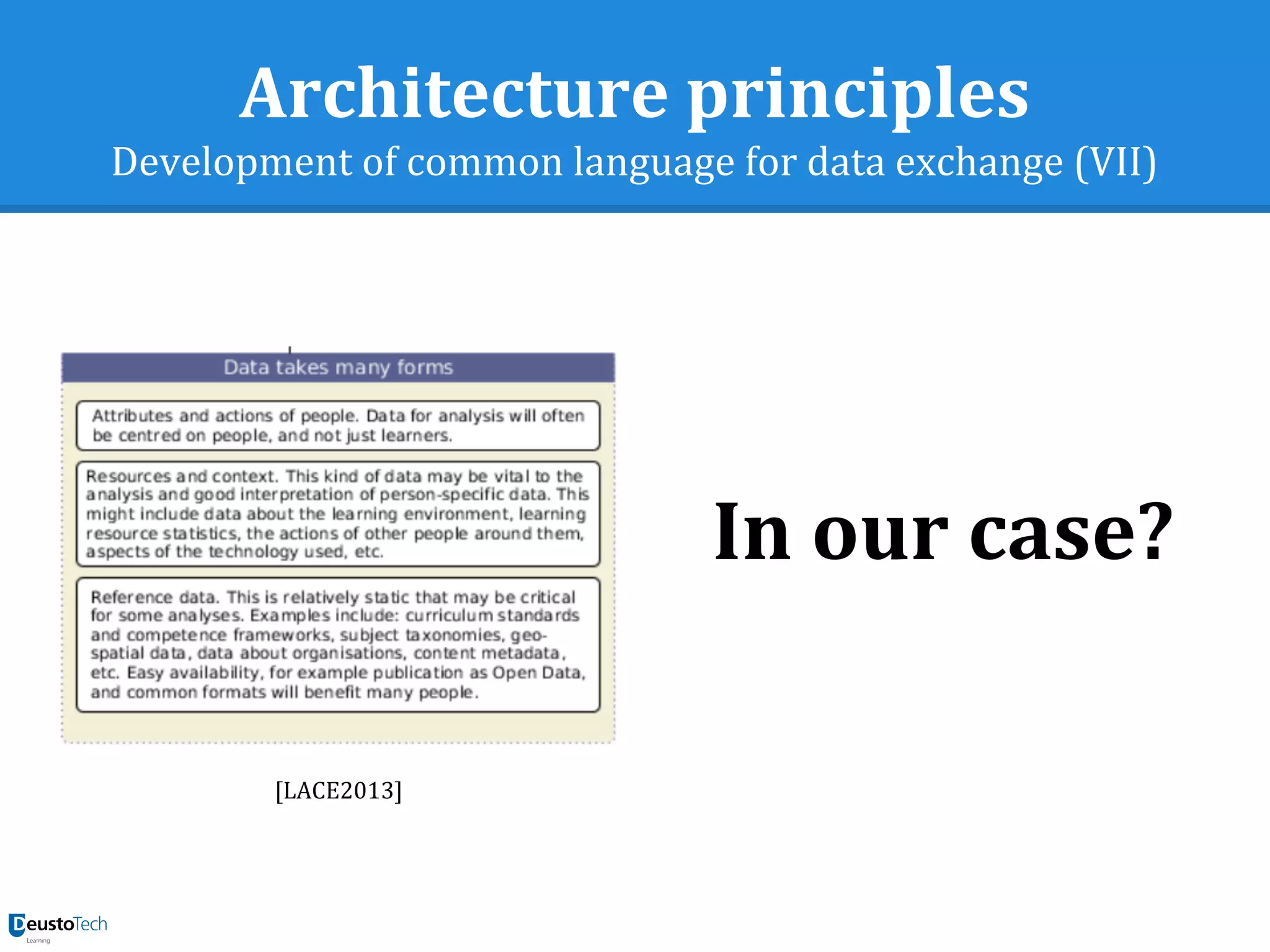 Architecture principles
Development of common language for data exchange (VII)
[LACE2013]
In our case?
 