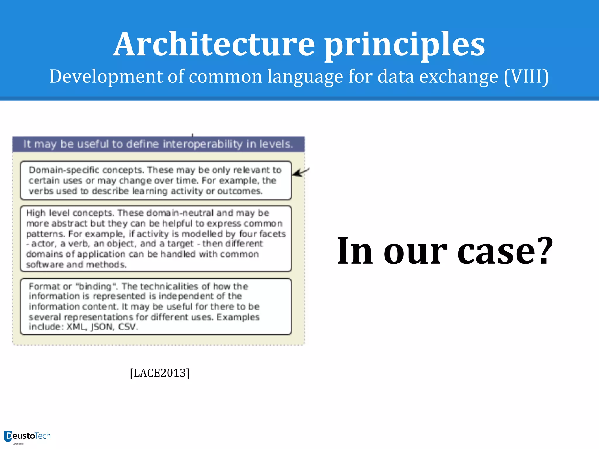 Architecture principles
Development of common language for data exchange (VIII)
[LACE2013]
In our case?
 