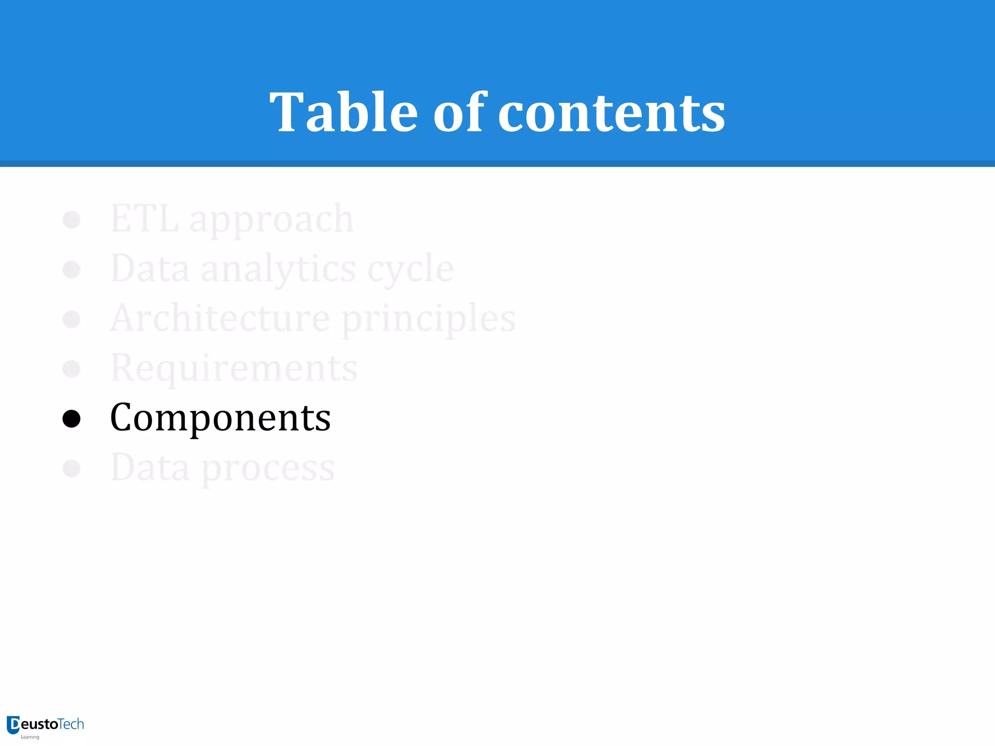 Table of contents
● ETL approach
● Data analytics cycle
● Architecture principles
● Requirements
● Components
● Data process
 