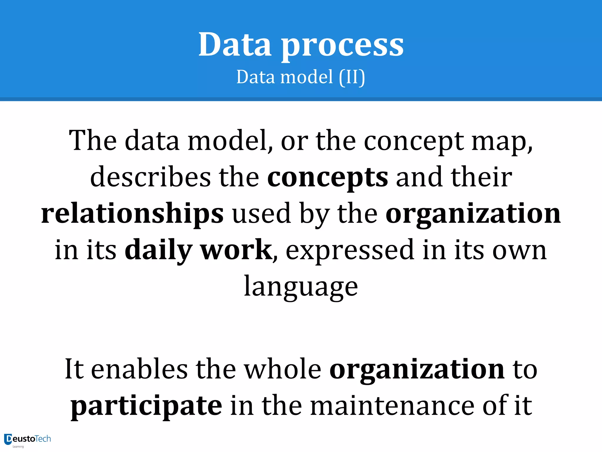 Data process
Data model (II)
The data model, or the concept map,
describes the concepts and their
relationships used by the organization
in its daily work, expressed in its own
language
It enables the whole organization to
participate in the maintenance of it
 