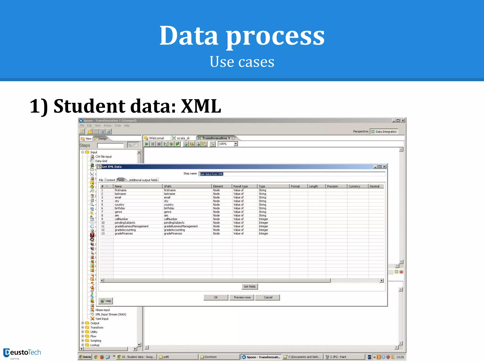 Data process
Use cases
1) Student data: XML
 