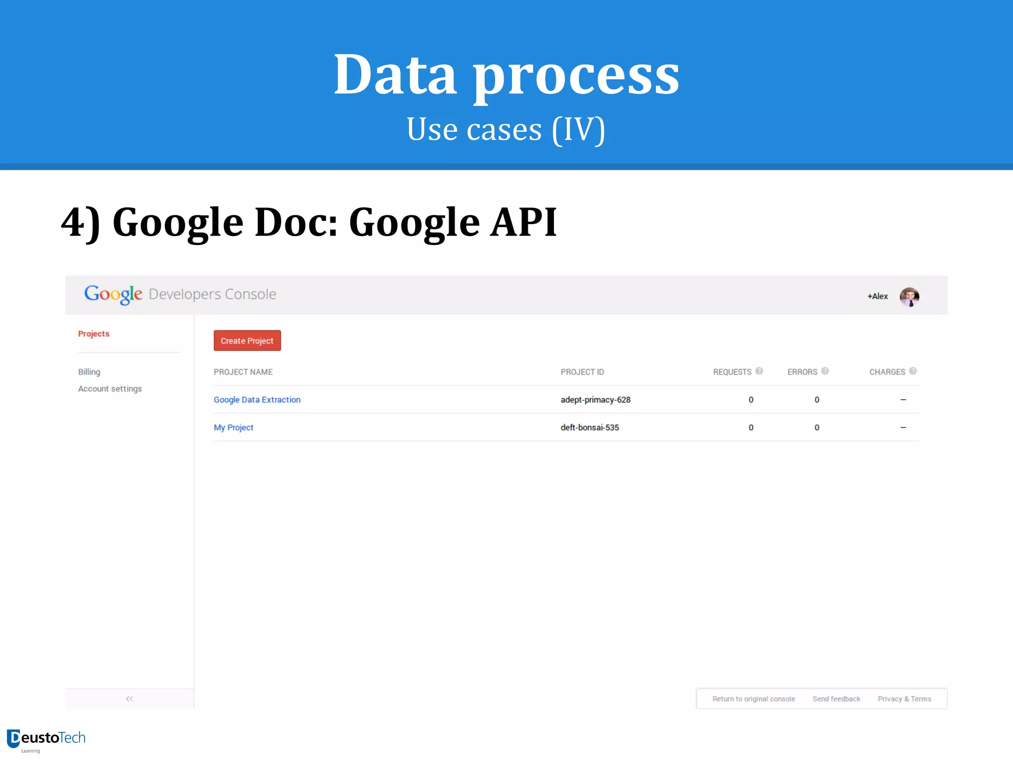 Data process
Use cases (IV)
4) Google Doc: Google API
 