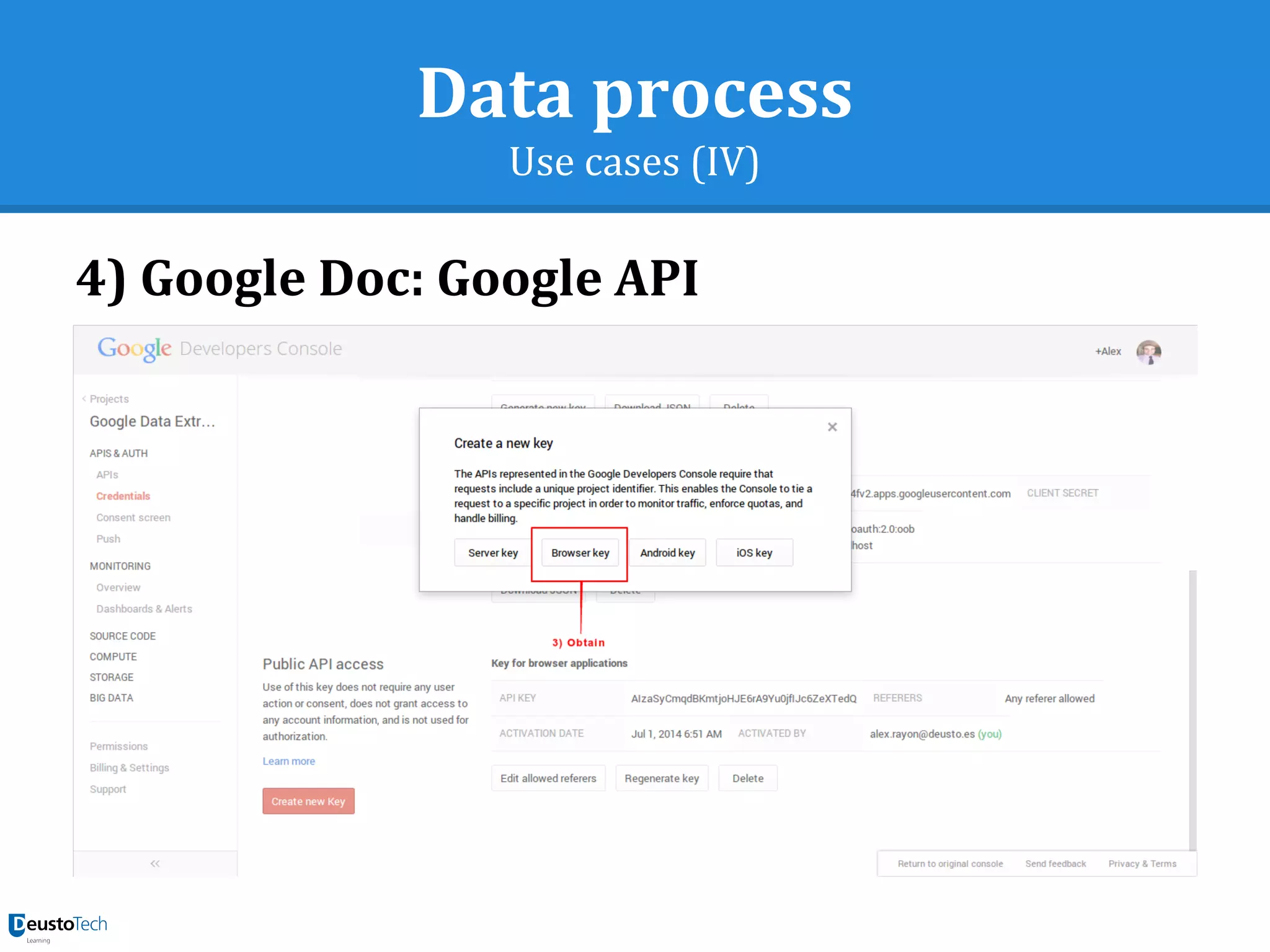 Data process
Use cases (IV)
4) Google Doc: Google API
 
