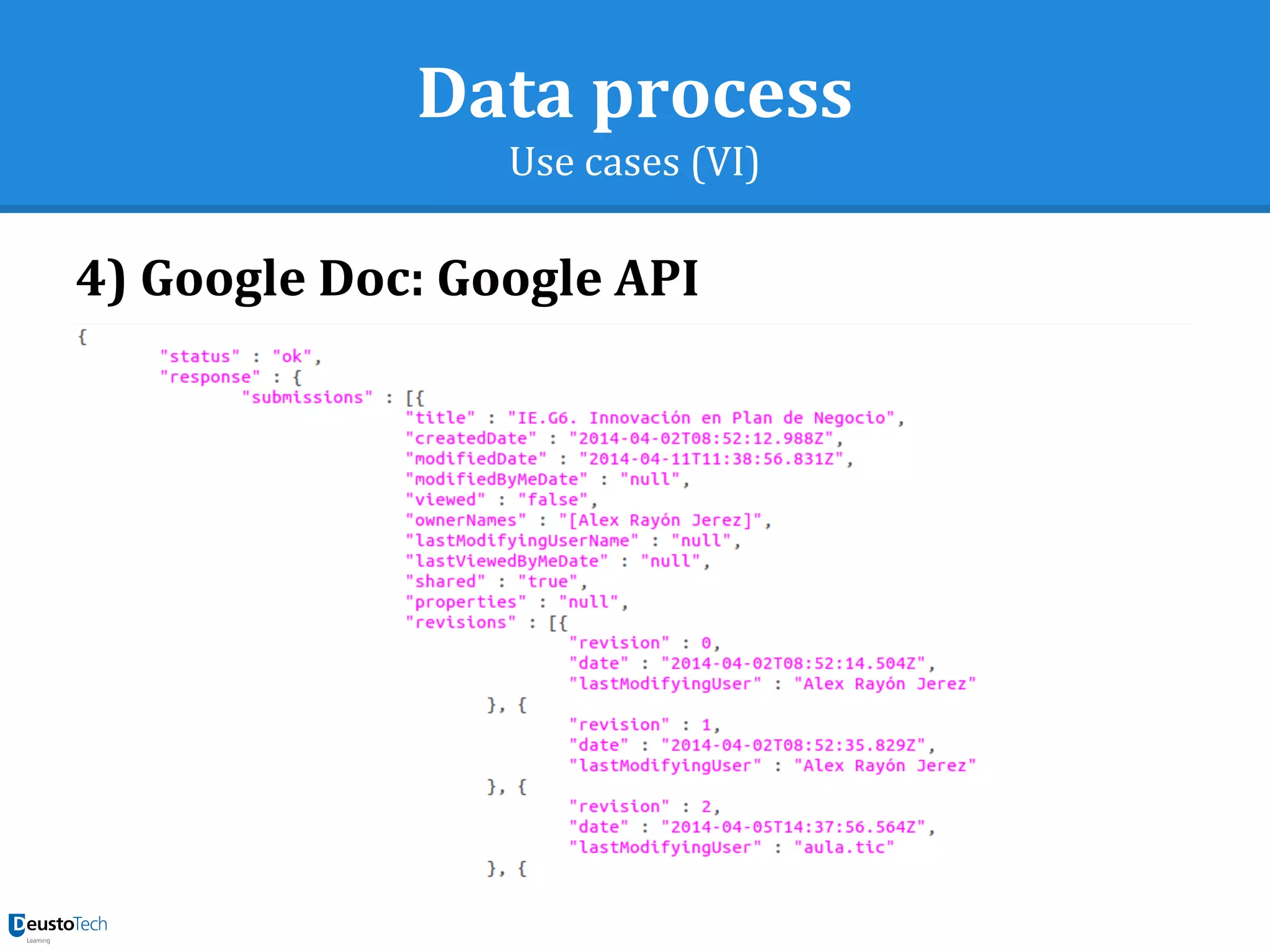 Data process
Use cases (VI)
4) Google Doc: Google API
 